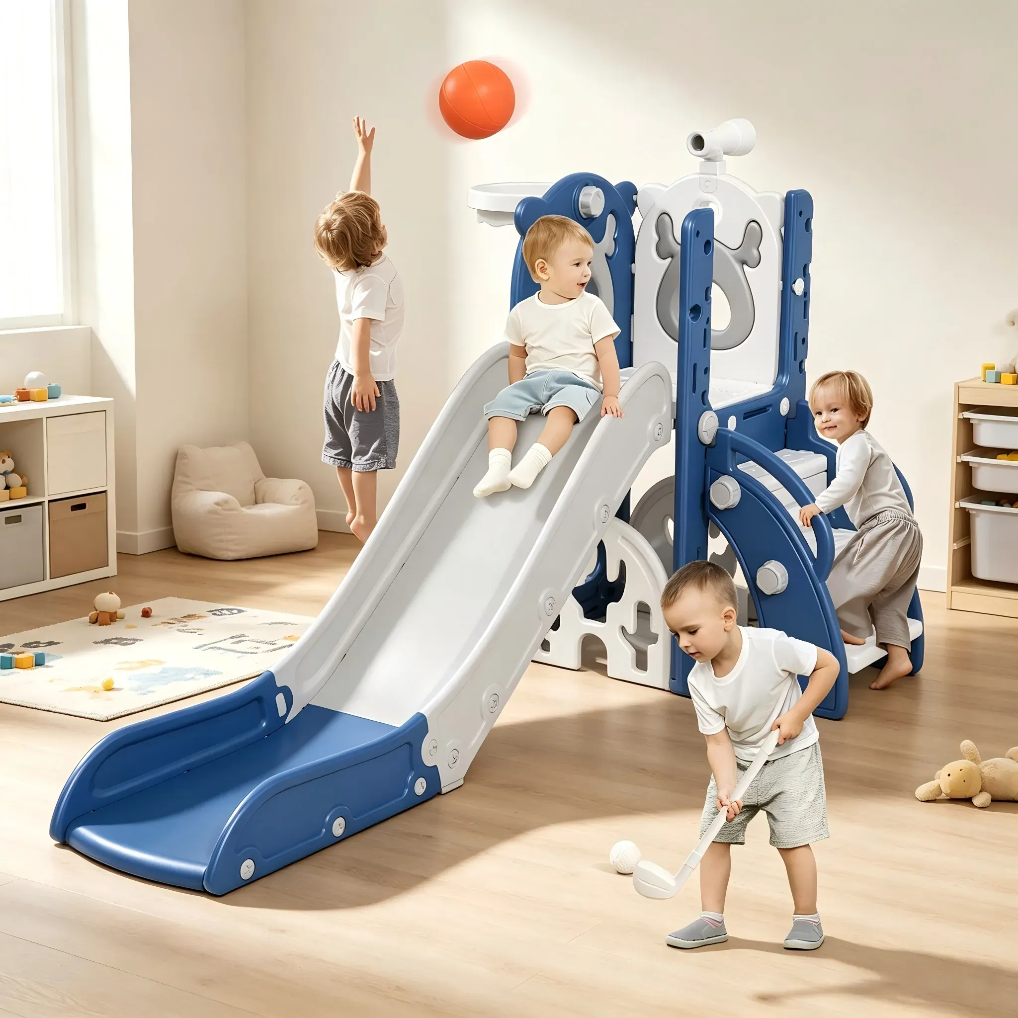 7-in-1 Toddler Slide, Outdoor Indoor Playset Slide for Kids Age 1-3 with Golf, Basketball Hoop, Baby
